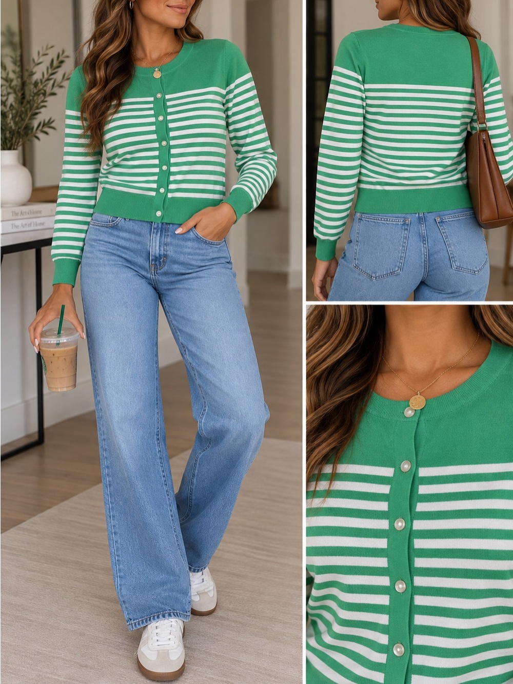 Lands’ End Green & White Striped Cardigan | Size L